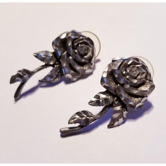 Pewter Roses Handmade Earrings Floral Post Drop Style SC407 - Picture 3 of 9